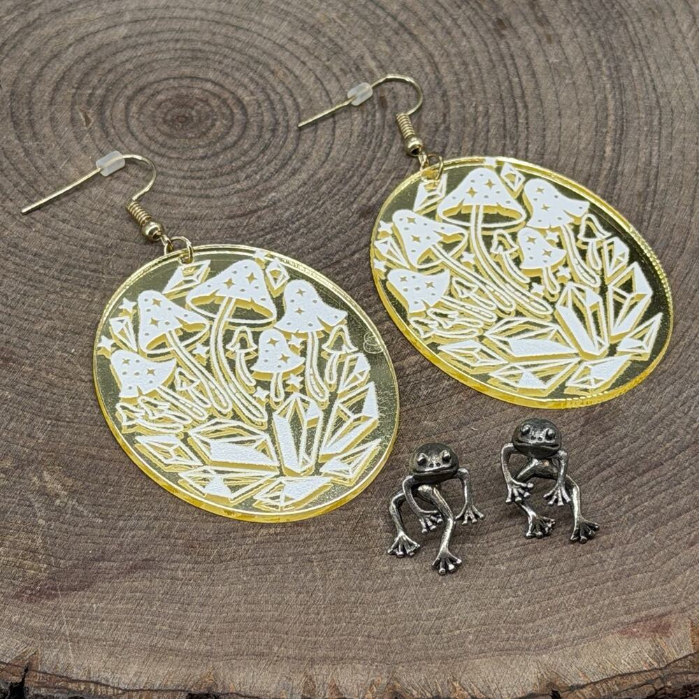 Fairy Tale Earring Lot Gold Mushroom Dangle & Silver Front Back Frog Ren Faire